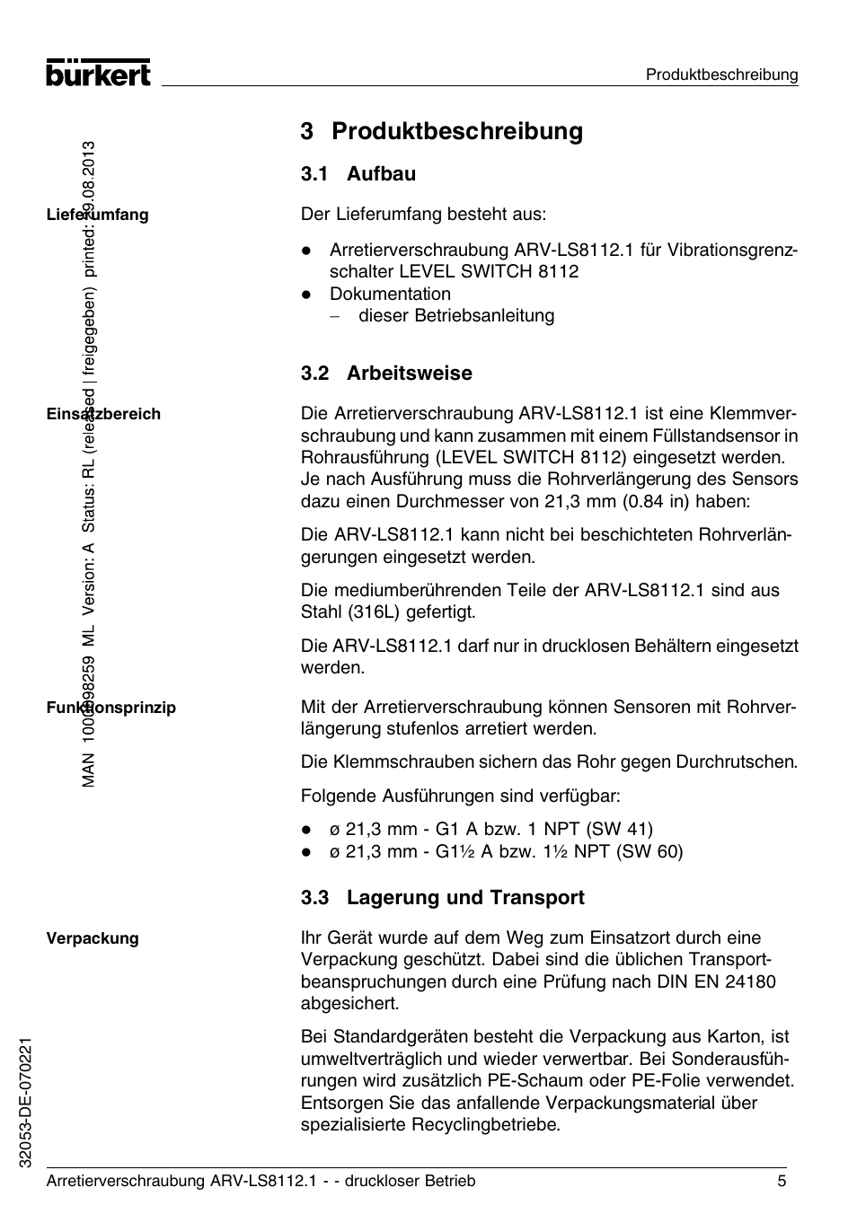 3 produktbeschreibung, 1 aufbau, 2 arbeitsweise | 3 lagerung und transport | Burkert Type 8112 User Manual | Page 29 / 36