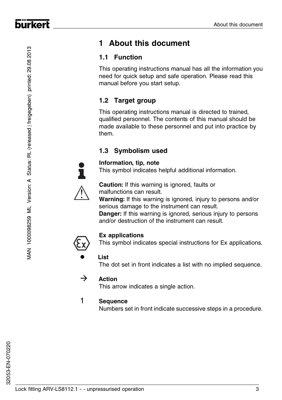 1 about this document, 1 function, 2 target group | 3 symbolism used | Burkert Type 8112 User Manual | Page 3 / 36