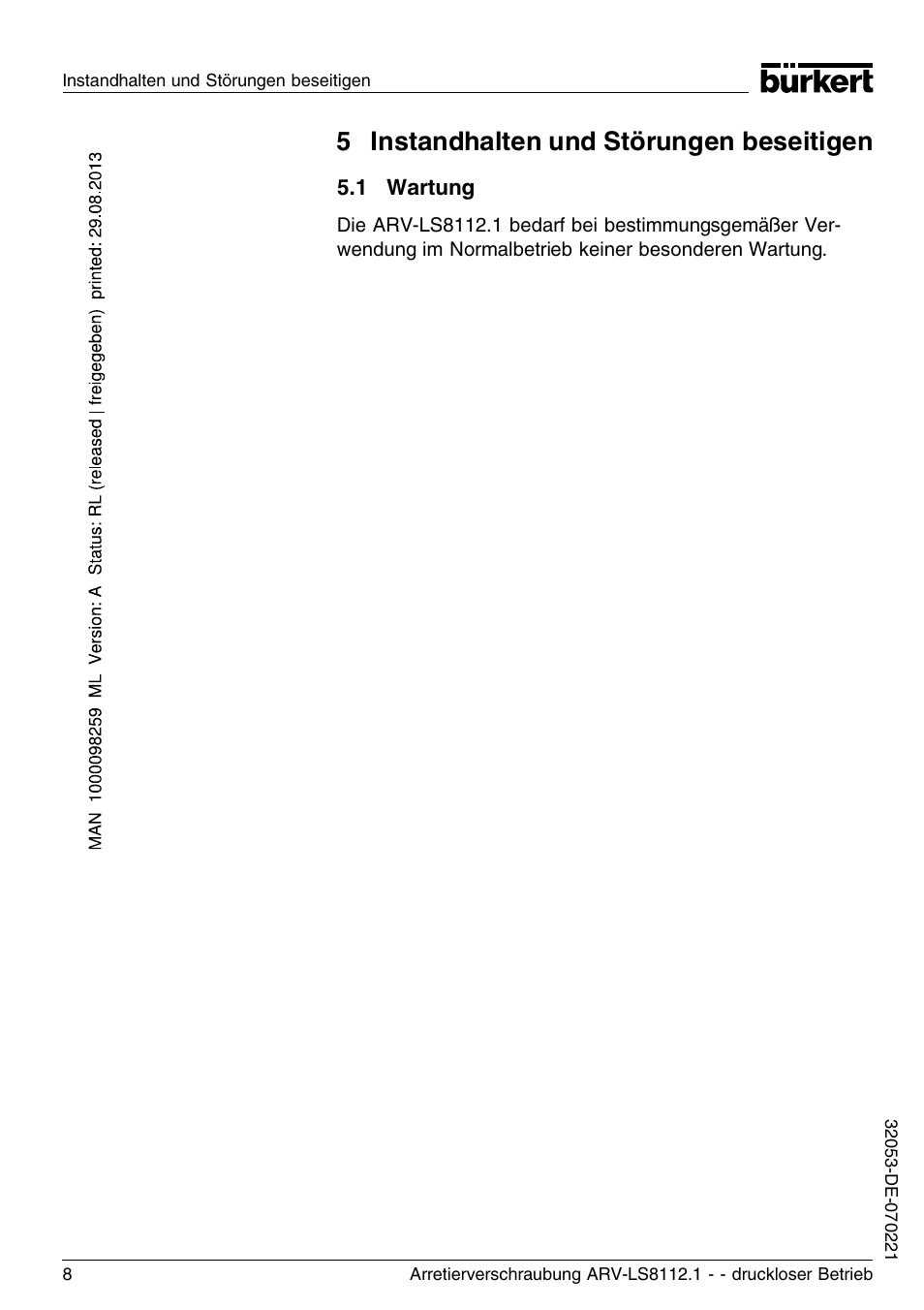 5 instandhalten und störungen beseitigen, 1 wartung | Burkert Type 8112 User Manual | Page 32 / 36