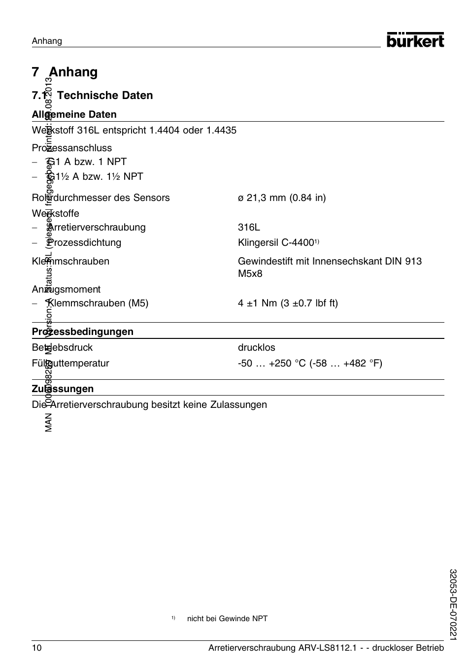 7 anhang, 1 technische daten | Burkert Type 8112 User Manual | Page 34 / 36