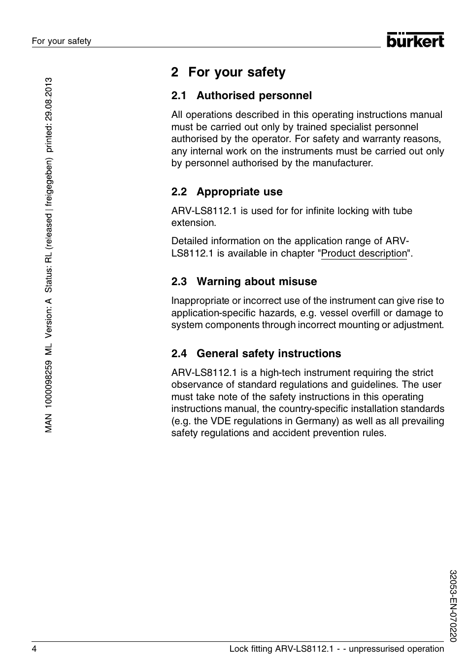 2 for your safety, 1 authorised personnel, 2 appropriate use | 3 warning about misuse, 4 general safety instructions | Burkert Type 8112 User Manual | Page 4 / 36