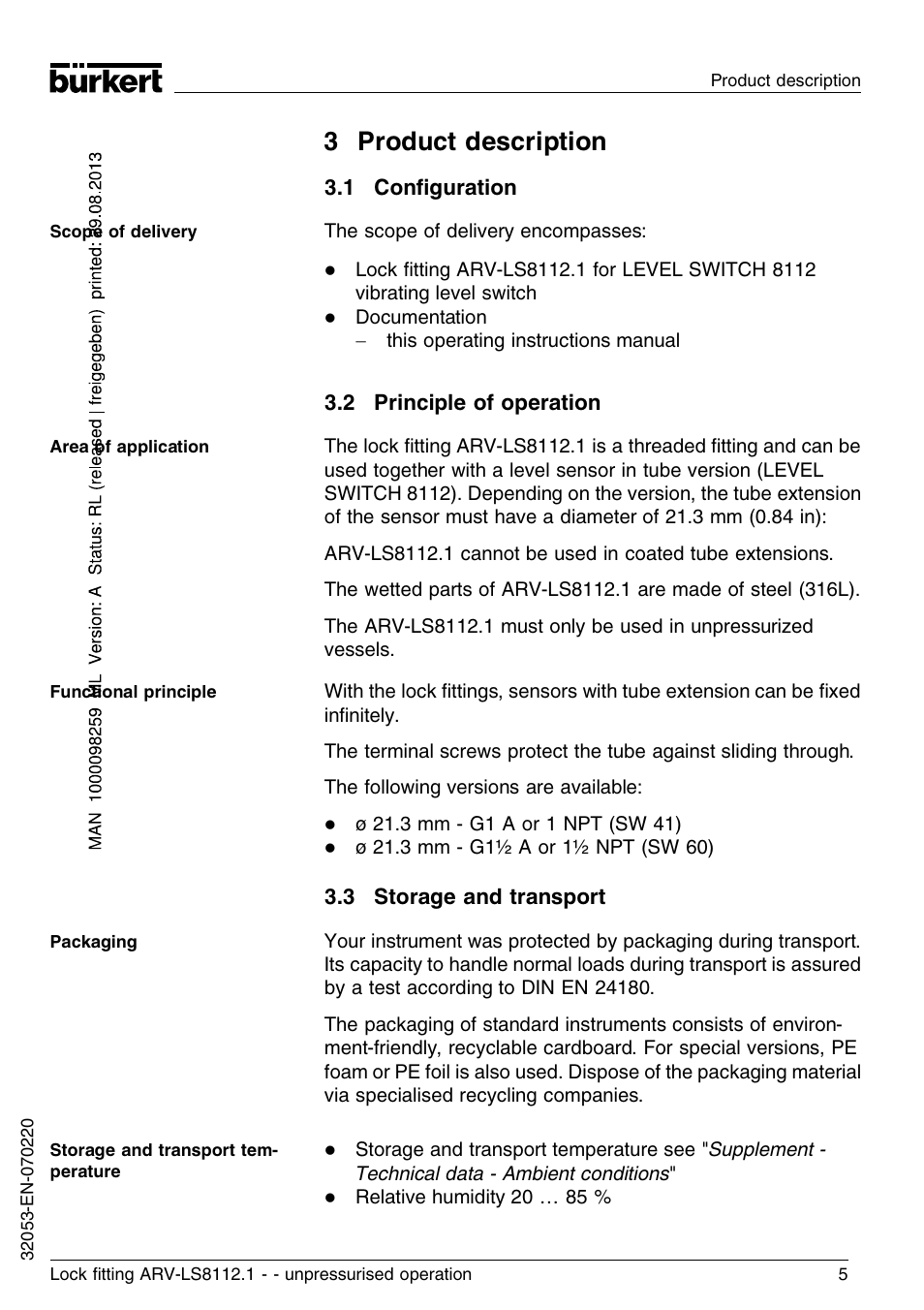 3 product description, 1 configuration, 2 principle of operation | 3 storage and transport | Burkert Type 8112 User Manual | Page 5 / 36