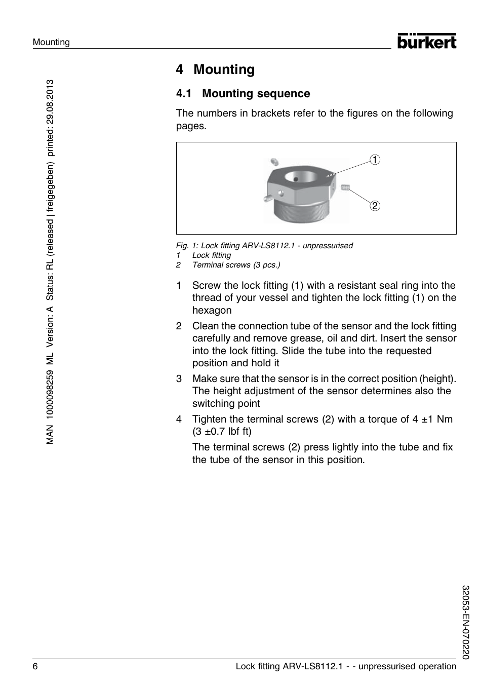 4 mounting, 1 mounting sequence | Burkert Type 8112 User Manual | Page 6 / 36