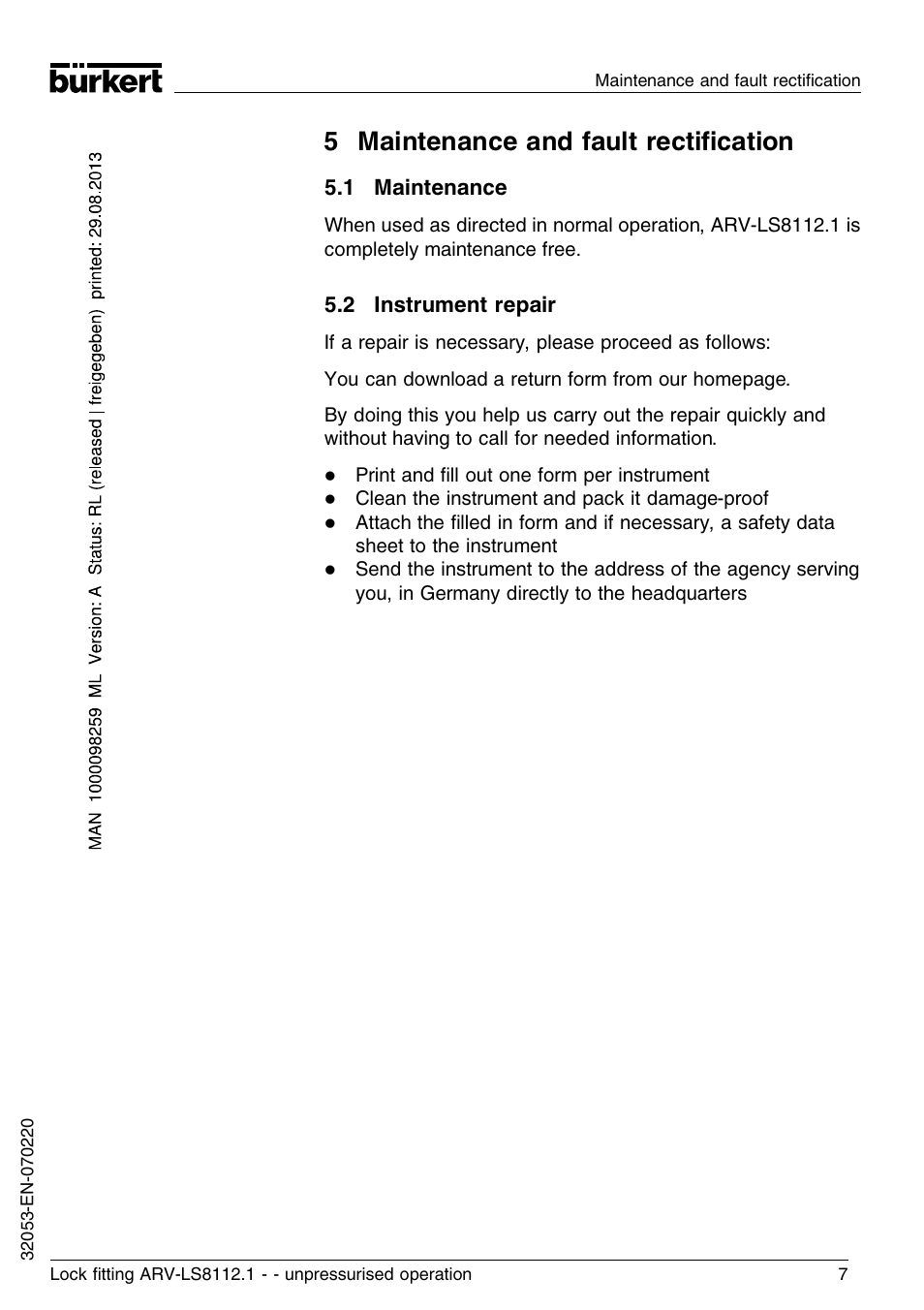 5 maintenance and fault rectification, 1 maintenance, 2 instrument repair | 5 maintenance and fault rectiﬁcation | Burkert Type 8112 User Manual | Page 7 / 36