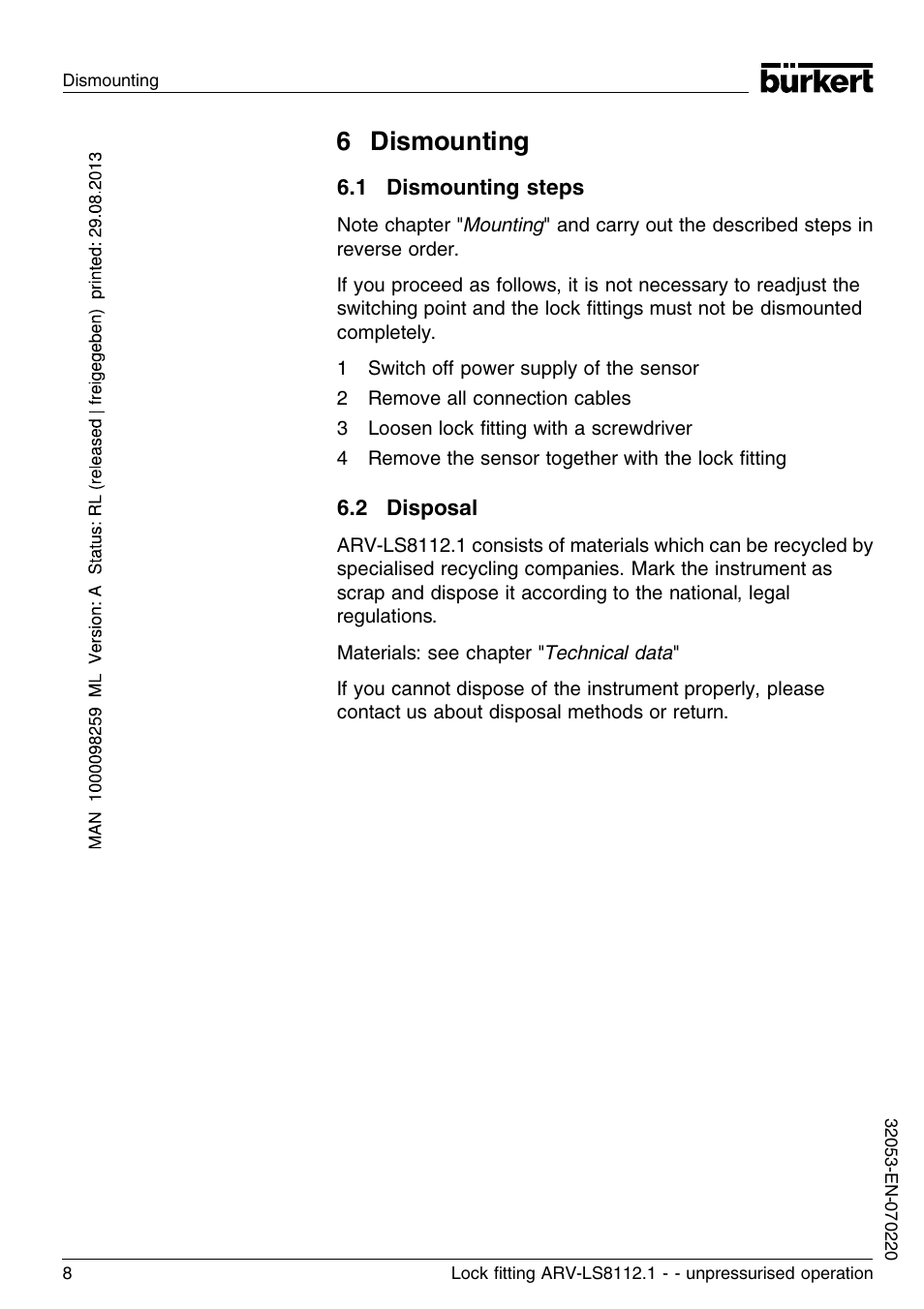 6 dismounting, 1 dismounting steps, 2 disposal | Burkert Type 8112 User Manual | Page 8 / 36