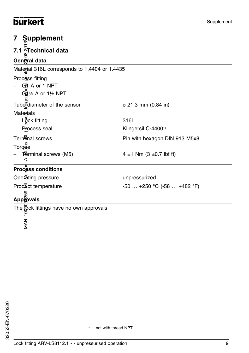 7 supplement, 1 technical data | Burkert Type 8112 User Manual | Page 9 / 36