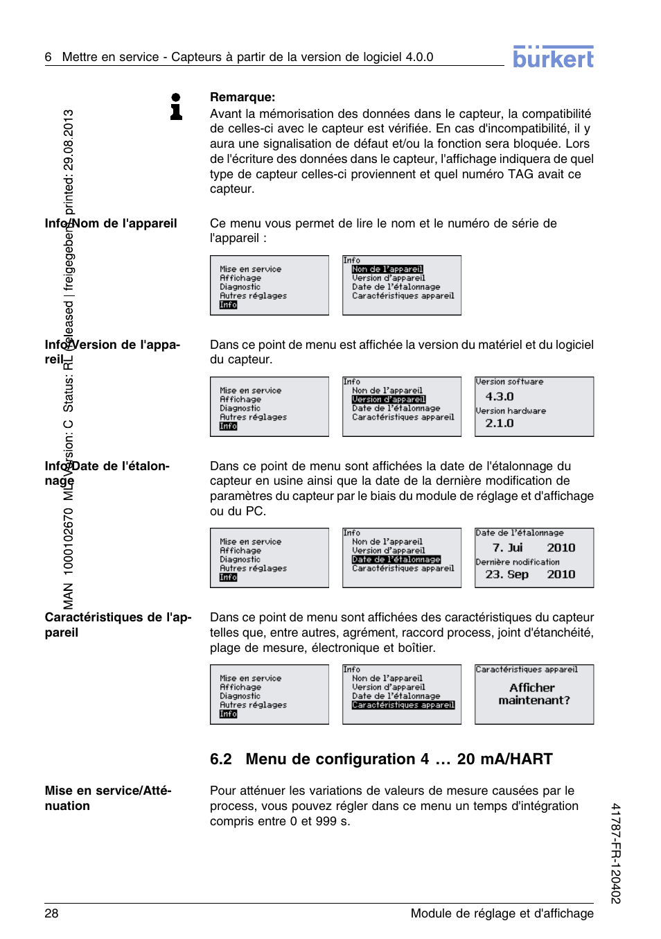 2 menu de configuration 4…20ma/hart, 2 menu de conﬁguration 4 … 20 ma/hart | Burkert Type 8186 User Manual | Page 100 / 112