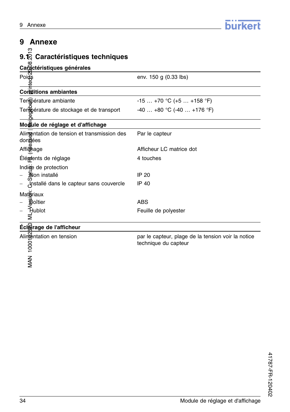 9 annexe, 1 caractéristiques techniques, 9annexe | Burkert Type 8186 User Manual | Page 106 / 112