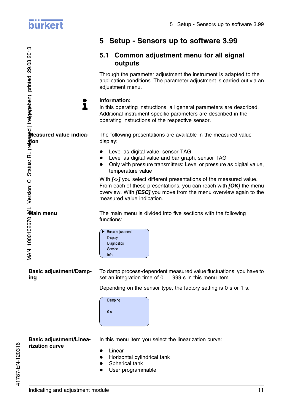 5 setup – sensors up to software3.99, 1 common adjustment menu for all signal outputs, 5setup - sensors up to software 3.99 | Burkert Type 8186 User Manual | Page 11 / 112
