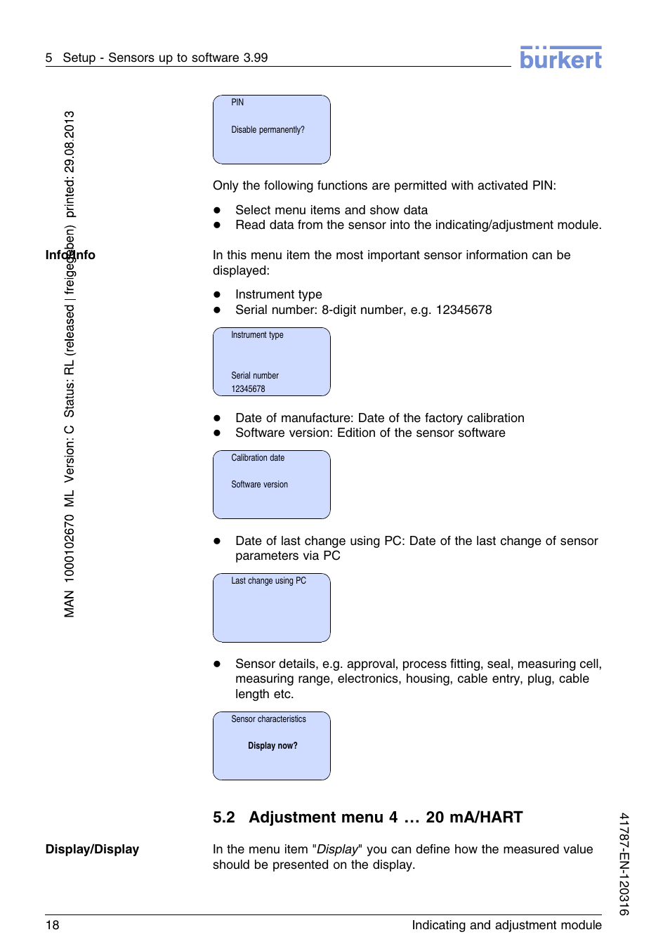2 adjustment menu 4…20ma/hart, 2 adjustment menu 4 … 20 ma/hart | Burkert Type 8186 User Manual | Page 18 / 112