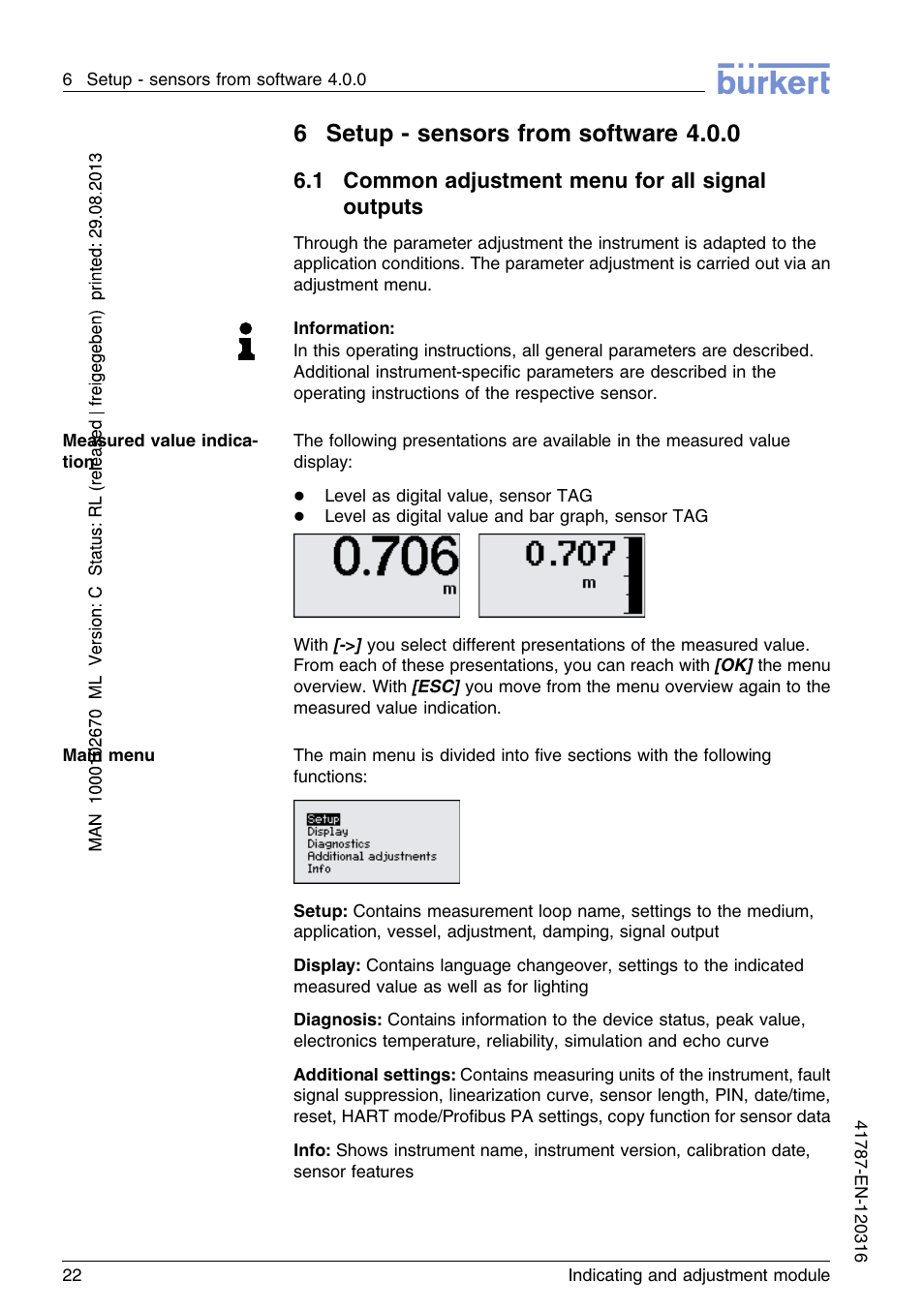 6 setup – sensors from software4.0.0, 1 common adjustment menu for all signal outputs, 6setup - sensors from software 4.0.0 | Burkert Type 8186 User Manual | Page 22 / 112