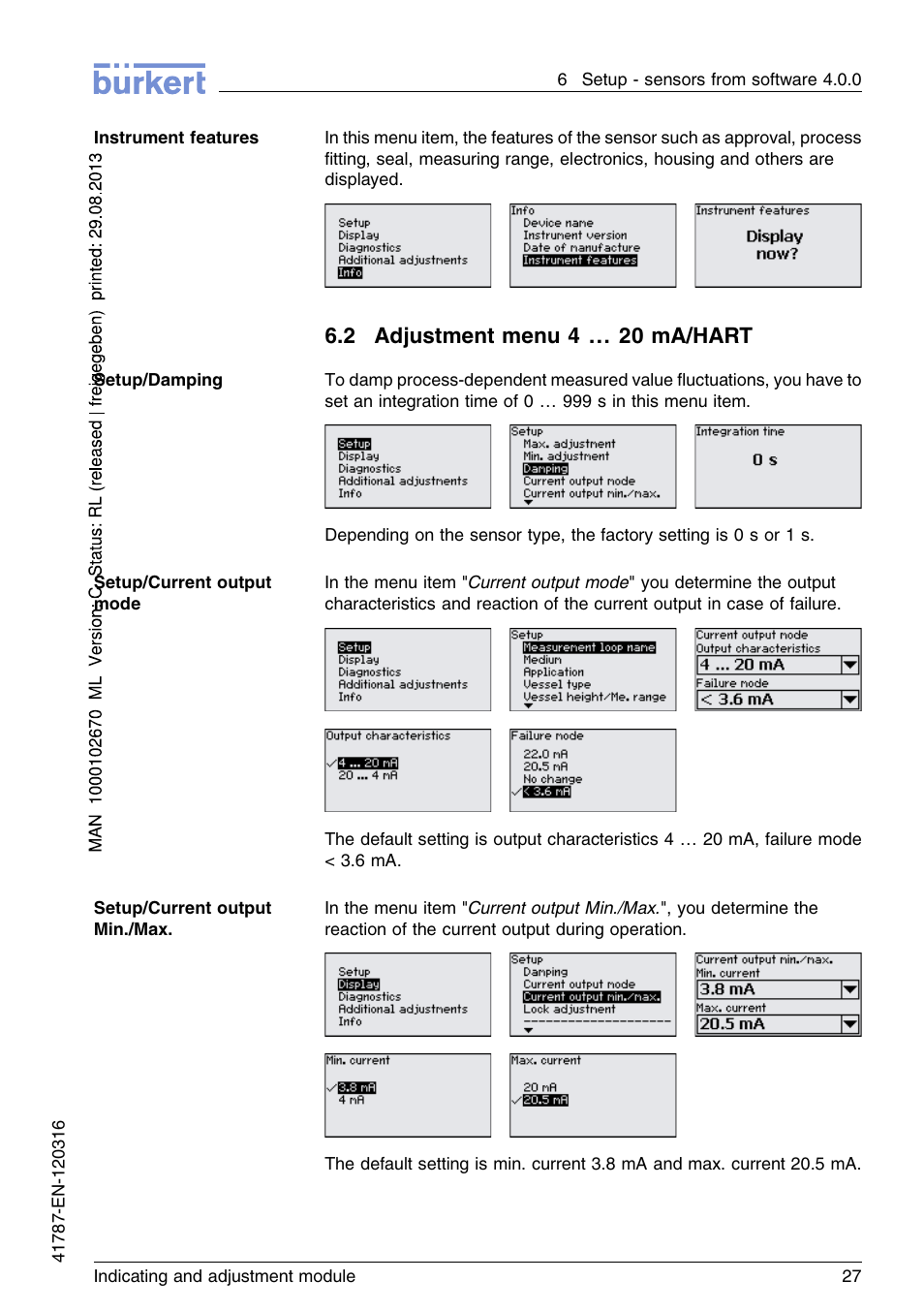 2 adjustment menu 4…20ma/hart, 2 adjustment menu 4 … 20 ma/hart | Burkert Type 8186 User Manual | Page 27 / 112