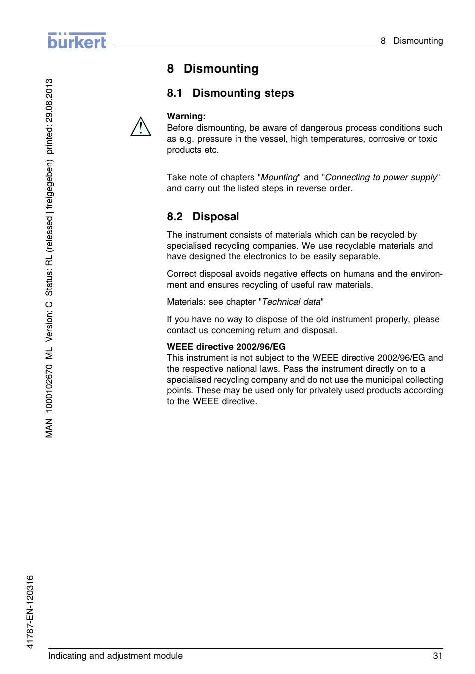 8 dismounting, 1 dismounting steps, 2 disposal | 8dismounting | Burkert Type 8186 User Manual | Page 31 / 112
