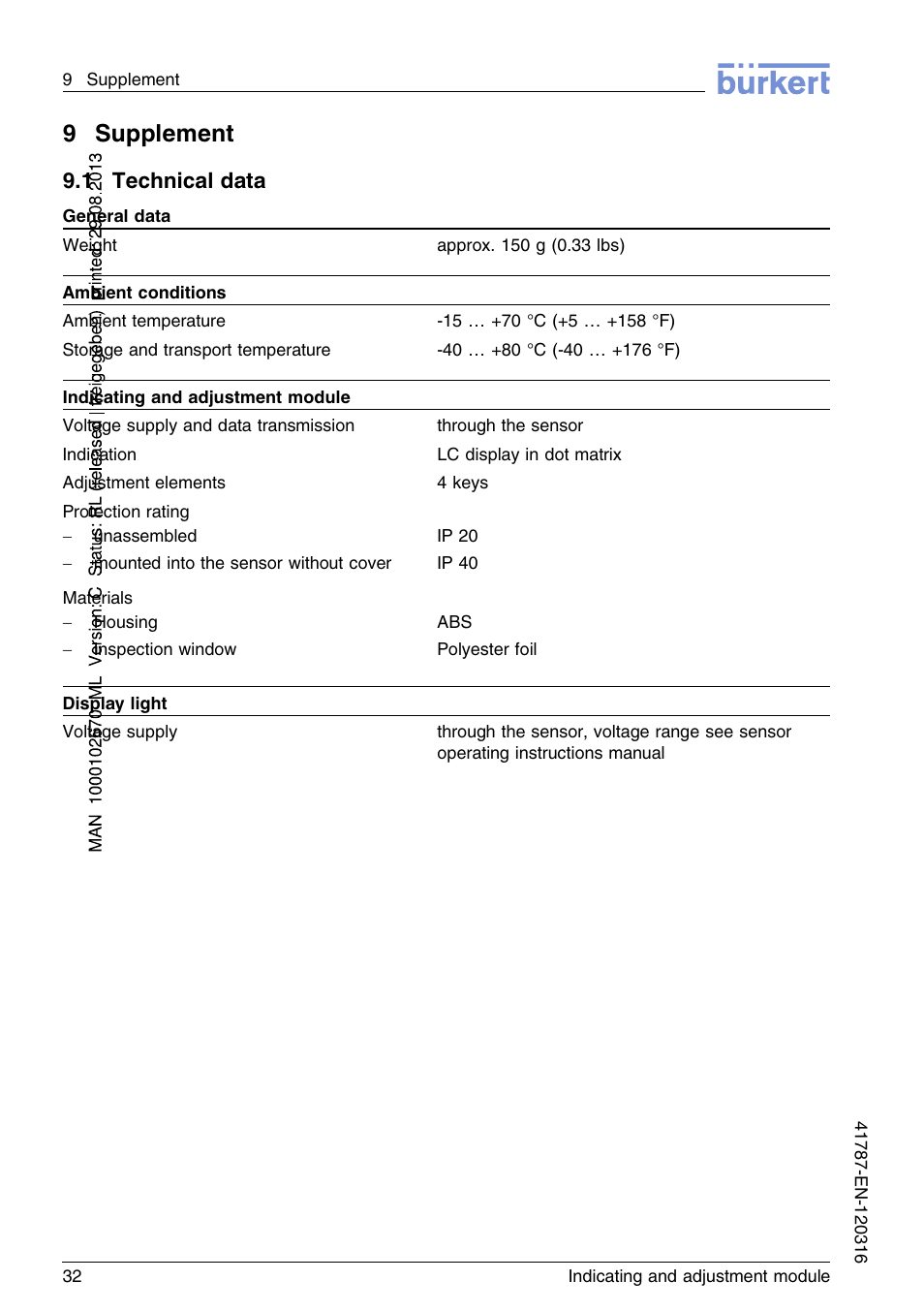 9 supplement, 1 technical data, 9supplement | Burkert Type 8186 User Manual | Page 32 / 112