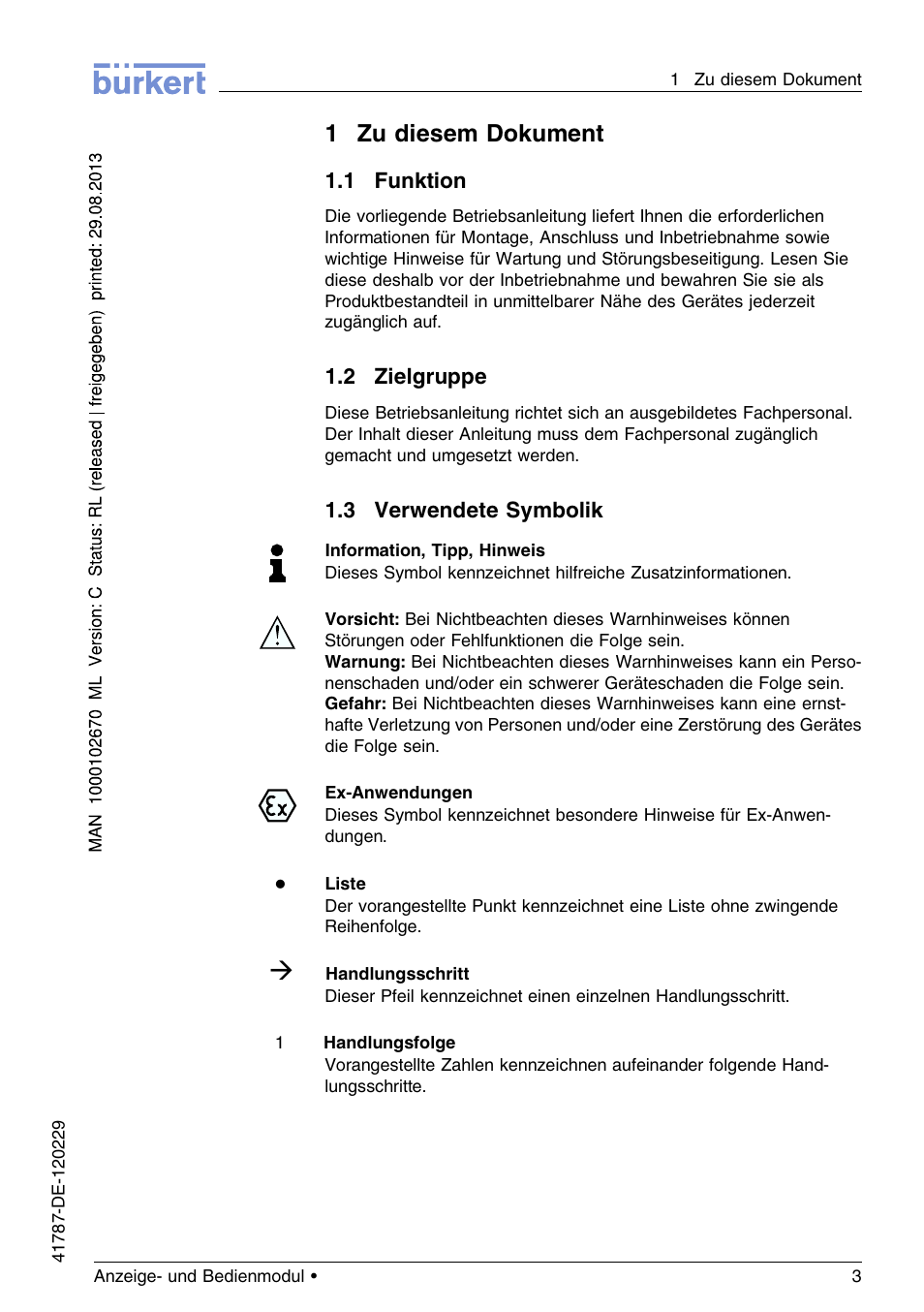 1 zu diesem dokument, 1 funktion, 2 zielgruppe | 3 verwendete symbolik, 1zu diesem dokument | Burkert Type 8186 User Manual | Page 39 / 112