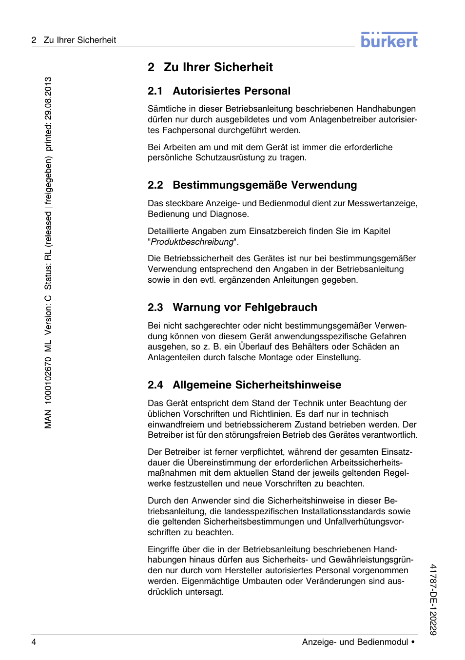 2 zu ihrer sicherheit, 1 autorisiertes personal, 2 bestimmungsgemäße verwendung | 3 warnung vor fehlgebrauch, 4 allgemeine sicherheitshinweise, 2zu ihrer sicherheit | Burkert Type 8186 User Manual | Page 40 / 112