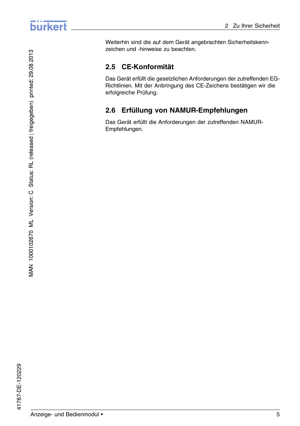 5 ce–konformität, 6 erfüllung von namur–empfehlungen | Burkert Type 8186 User Manual | Page 41 / 112