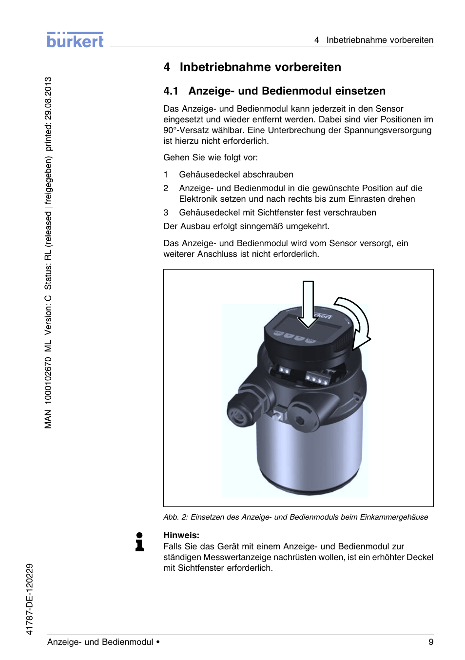 4 inbetriebnahme vorbereiten, 1 anzeige– und bedienmodul einsetzen, 4inbetriebnahme vorbereiten | Burkert Type 8186 User Manual | Page 45 / 112