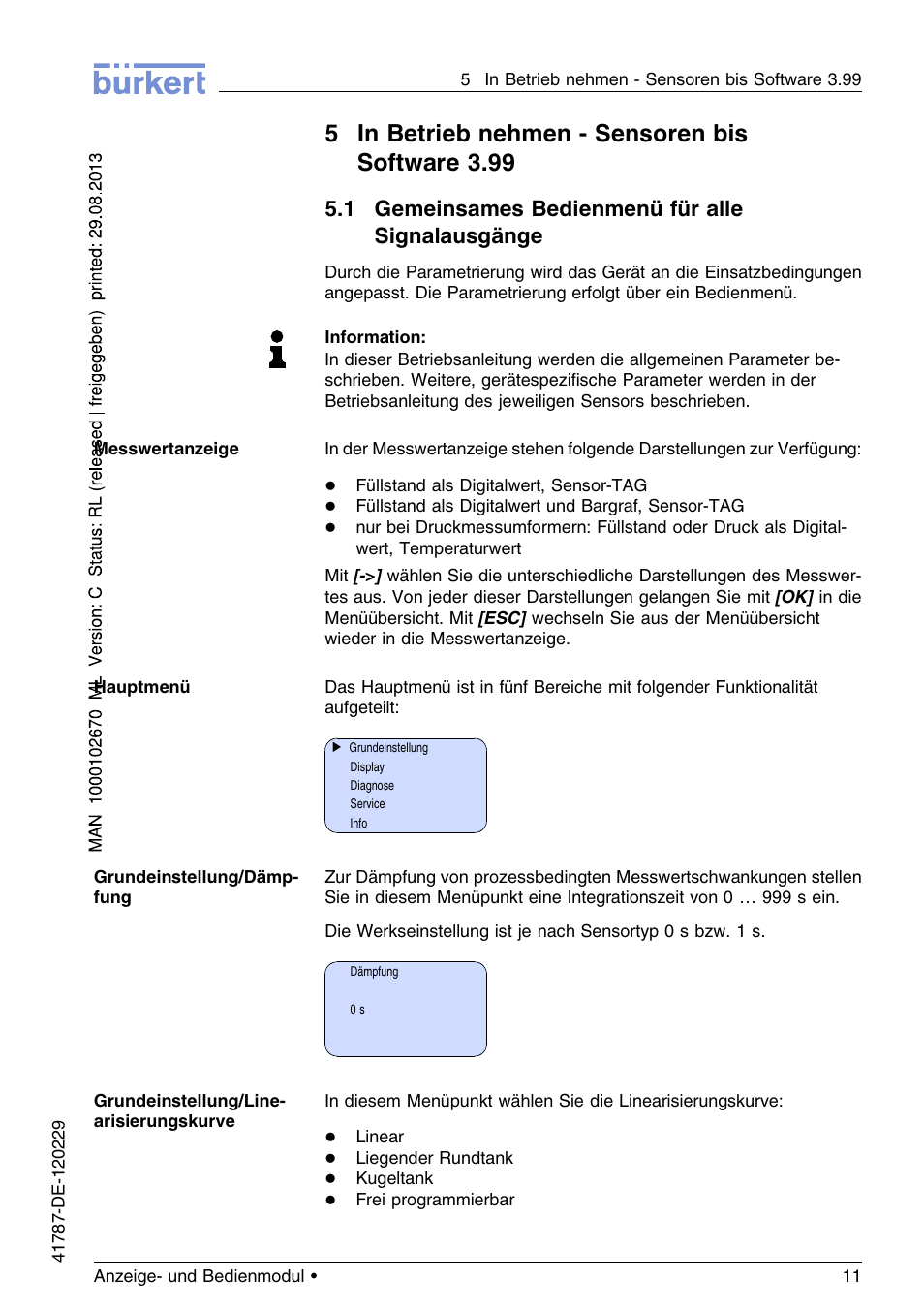 5 in betrieb nehmen – sensoren bis software3.99, 1 gemeinsames bedienmenü für alle signalausgänge, 5in betrieb nehmen - sensoren bis software 3.99 | Burkert Type 8186 User Manual | Page 47 / 112