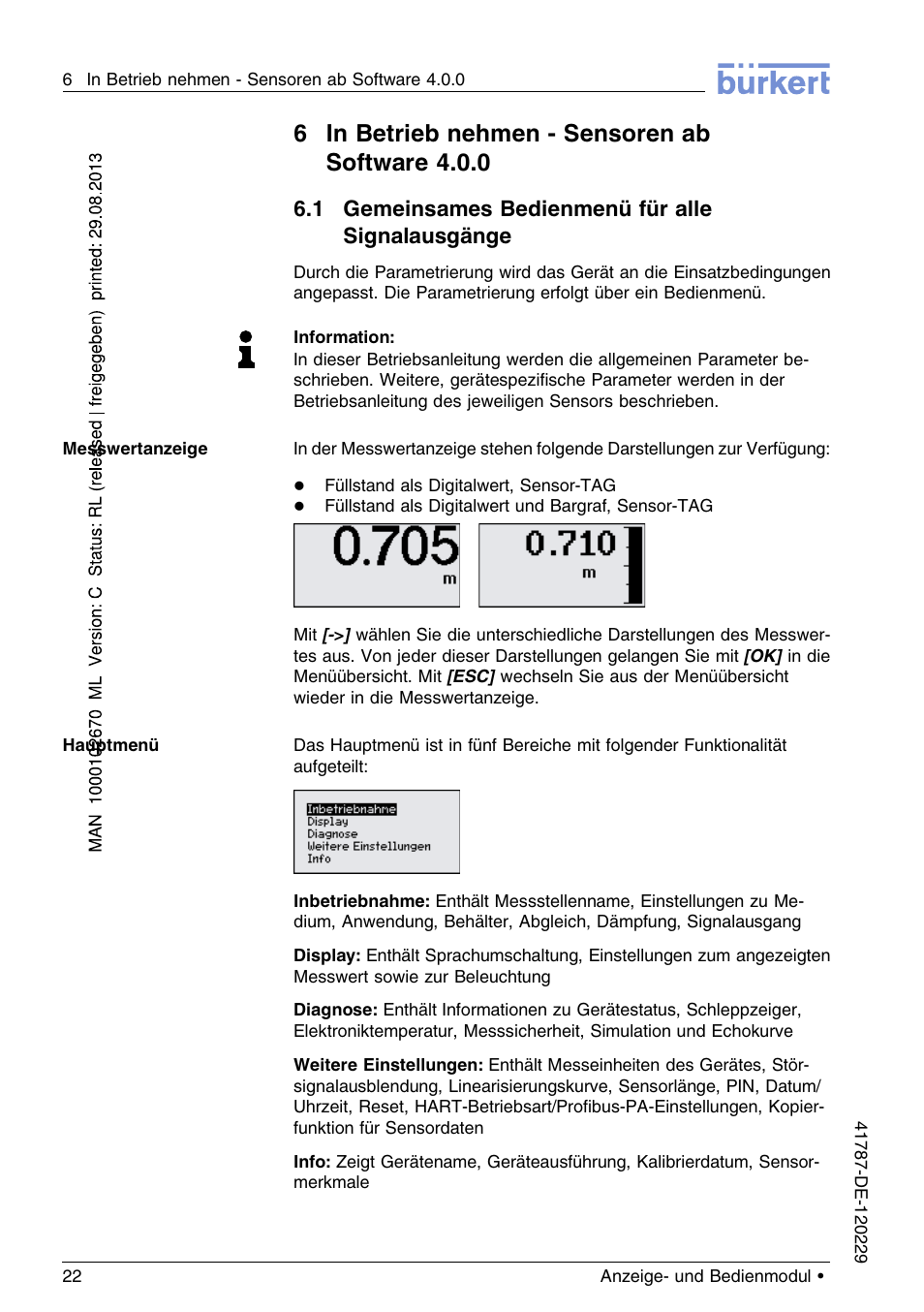 6 in betrieb nehmen – sensoren ab software4.0.0, 1 gemeinsames bedienmenü für alle signalausgänge, 6in betrieb nehmen - sensoren ab software 4.0.0 | Burkert Type 8186 User Manual | Page 58 / 112