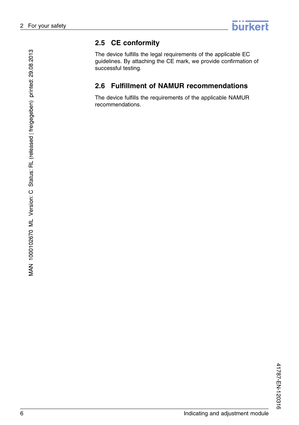 5 ce conformity, 6 fulfillment of namur recommendations | Burkert Type 8186 User Manual | Page 6 / 112