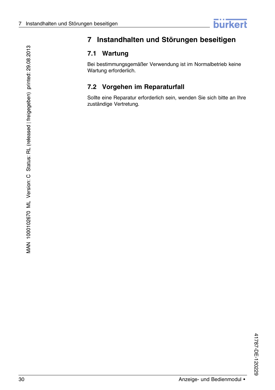 7 instandhalten und störungen beseitigen, 1 wartung, 2 vorgehen im reparaturfall | 7instandhalten und störungen beseitigen | Burkert Type 8186 User Manual | Page 66 / 112