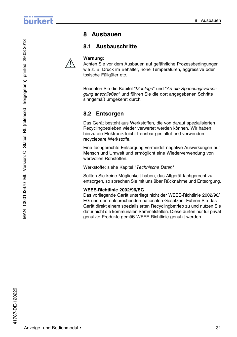 8 ausbauen, 1 ausbauschritte, 2 entsorgen | 8ausbauen | Burkert Type 8186 User Manual | Page 67 / 112