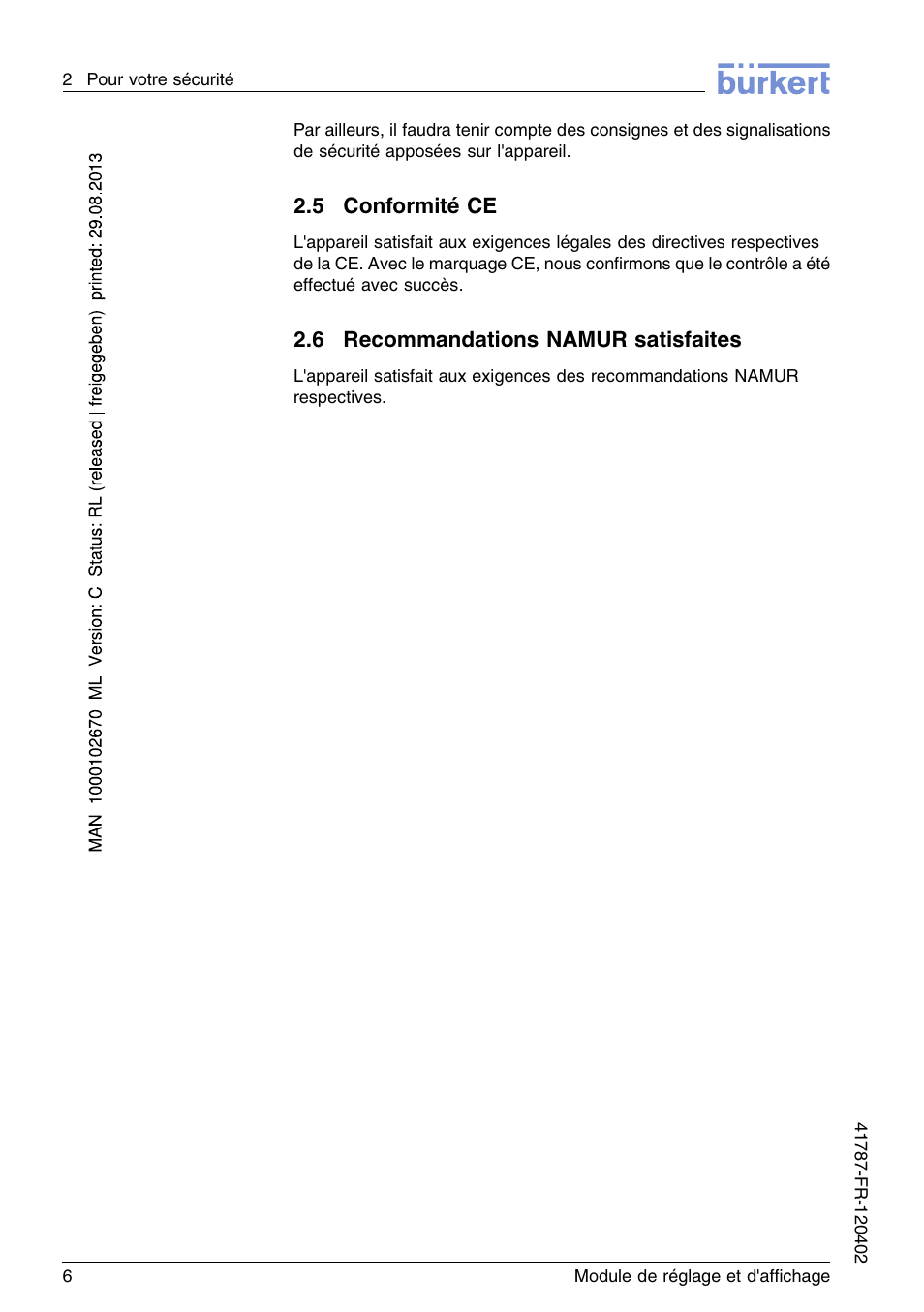 5 conformité ce, 6 recommandations namur satisfaites | Burkert Type 8186 User Manual | Page 78 / 112
