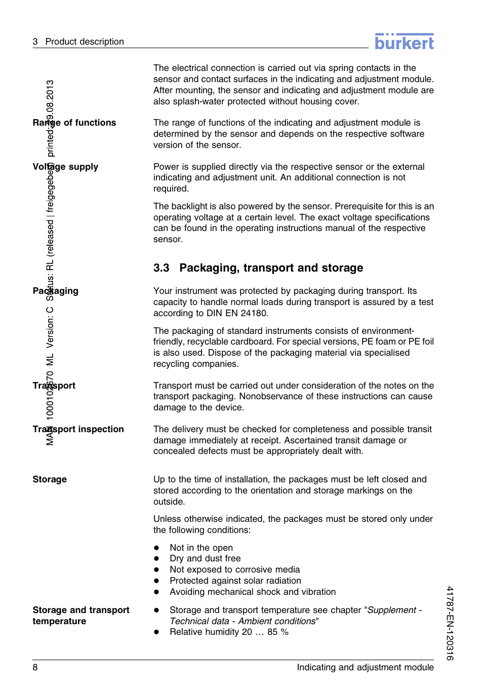 3 packaging, transport and storage | Burkert Type 8186 User Manual | Page 8 / 112