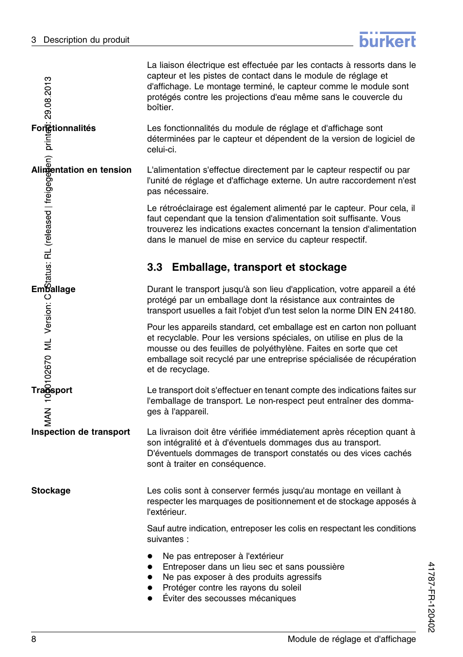 3 emballage, transport et stockage | Burkert Type 8186 User Manual | Page 80 / 112