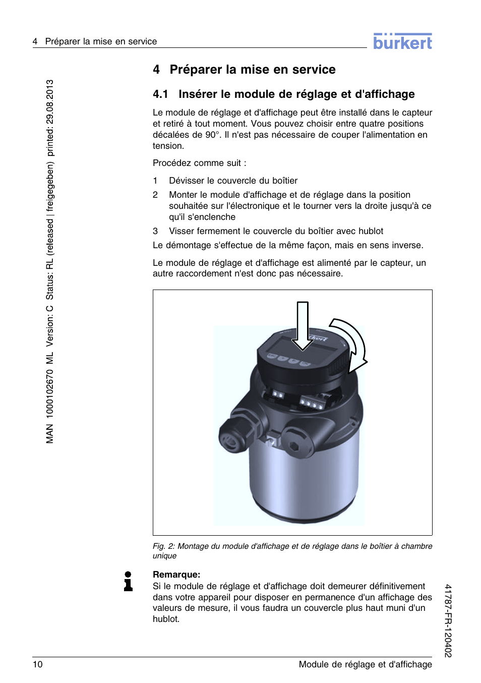 4 préparer la mise en service, 1 insérer le module de réglage et d'affichage, 4préparer la mise en service | Burkert Type 8186 User Manual | Page 82 / 112