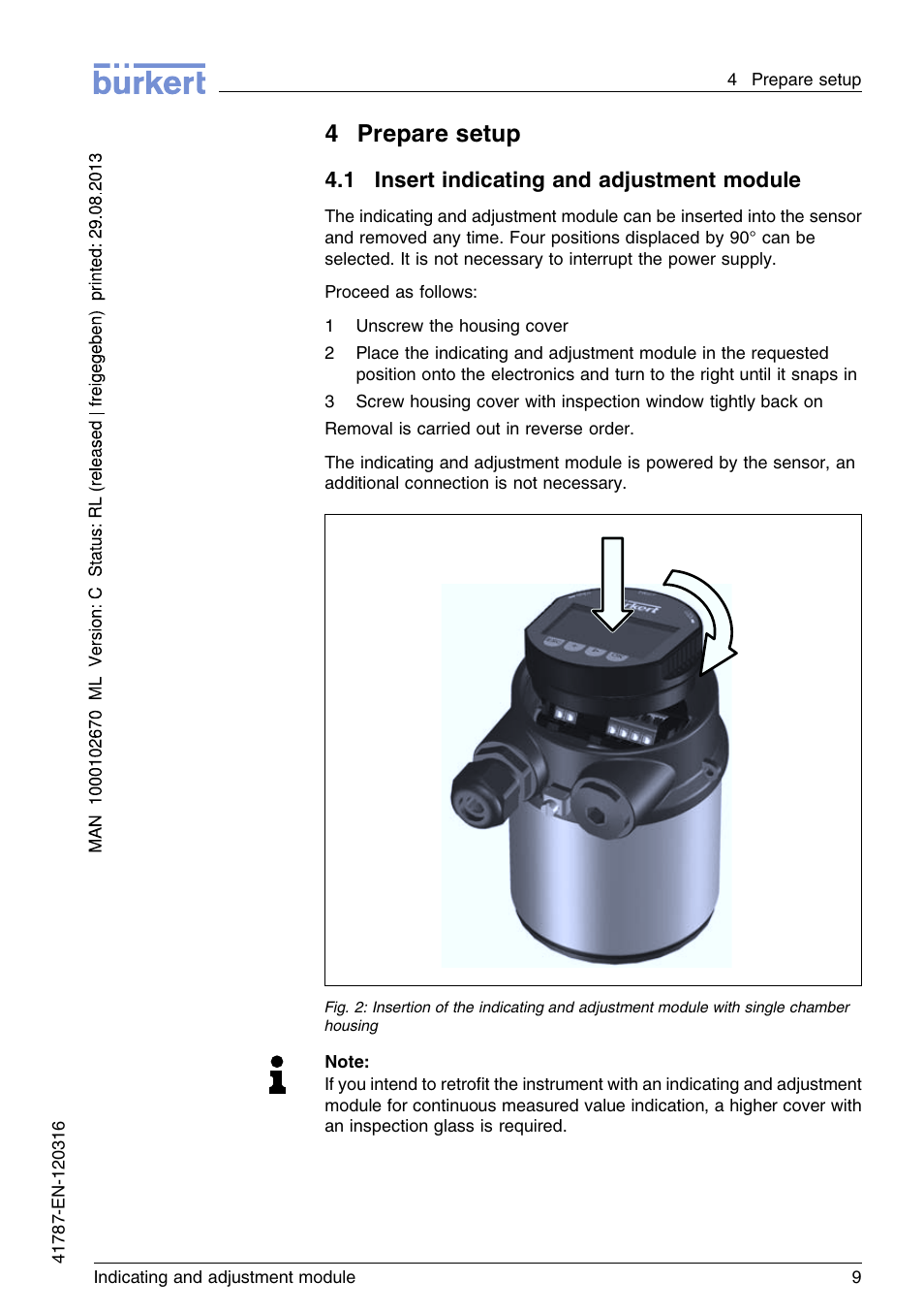 4 prepare setup, 1 insert indicating and adjustment module, 4prepare setup | Burkert Type 8186 User Manual | Page 9 / 112