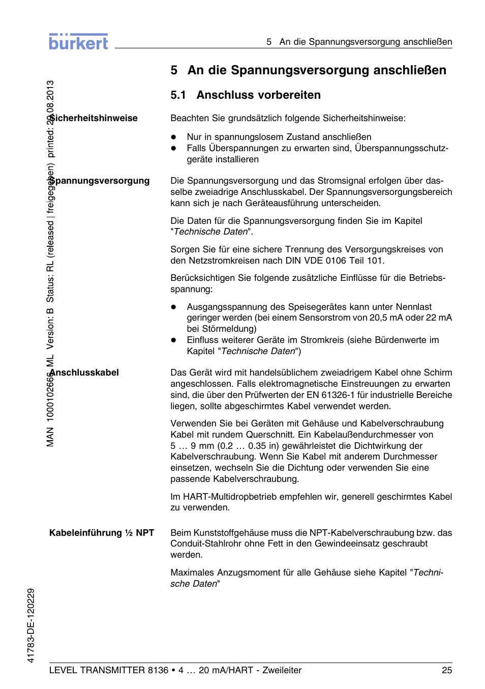 5 an die spannungsversorgung anschließen, 1 anschluss vorbereiten, 5an die spannungsversorgung anschließen | Burkert Type 8136 User Manual | Page 101 / 232
