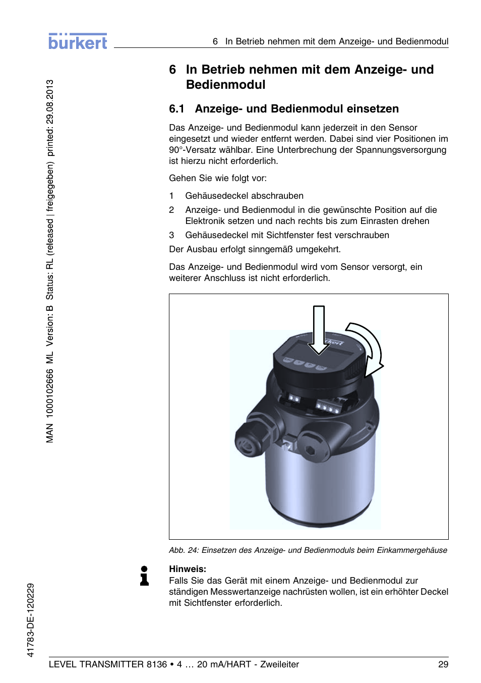 1 anzeige– und bedienmodul einsetzen | Burkert Type 8136 User Manual | Page 105 / 232