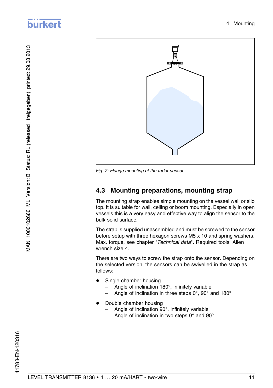 3 mounting preparations, mounting strap | Burkert Type 8136 User Manual | Page 11 / 232