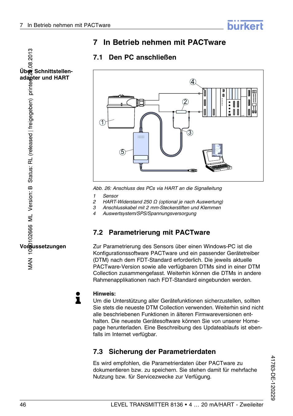 7 in betrieb nehmen mit pactware, 1 den pc anschließen, 2 parametrierung mit pactware | 3 sicherung der parametrierdaten, 7in betrieb nehmen mit pactware | Burkert Type 8136 User Manual | Page 122 / 232