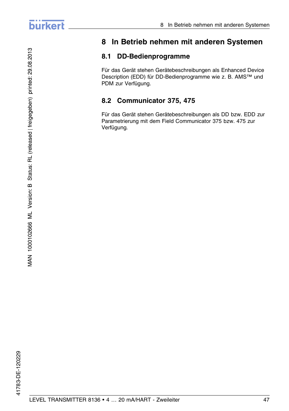 8 in betrieb nehmen mit anderen systemen, 1 dd–bedienprogramme, 2 communicator 375, 475 | 8in betrieb nehmen mit anderen systemen | Burkert Type 8136 User Manual | Page 123 / 232