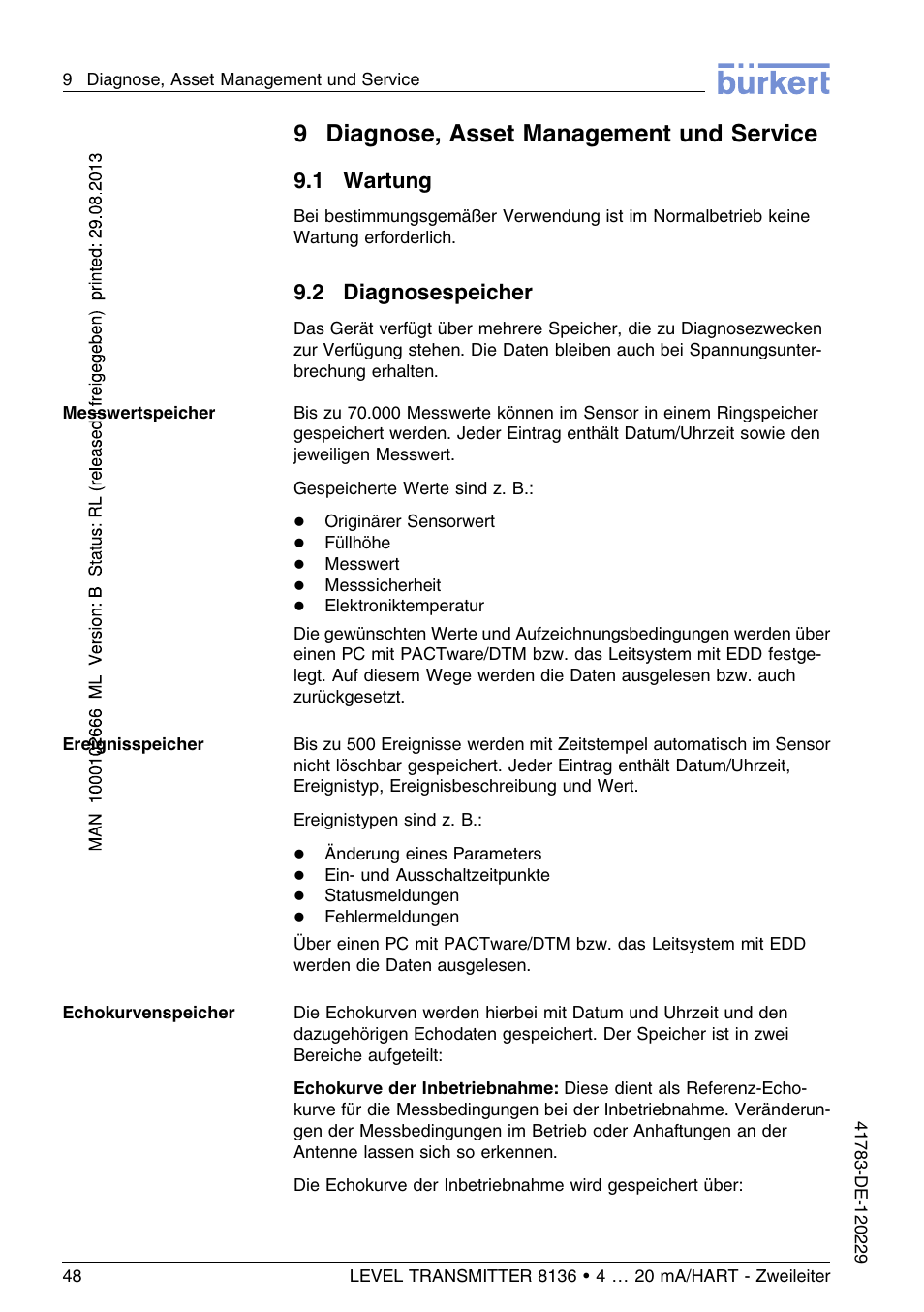 9 diagnose, asset management und service, 1 wartung, 2 diagnosespeicher | 9diagnose, asset management und service | Burkert Type 8136 User Manual | Page 124 / 232