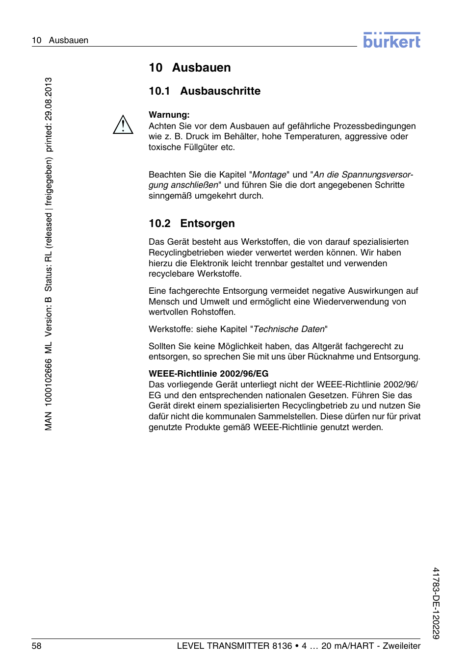 10 ausbauen, 1 ausbauschritte, 2 entsorgen | Burkert Type 8136 User Manual | Page 134 / 232