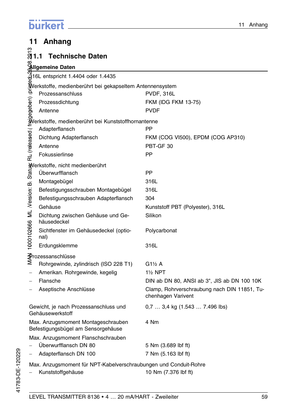11 anhang, 1 technische daten, 11 .1 technische daten | Burkert Type 8136 User Manual | Page 135 / 232