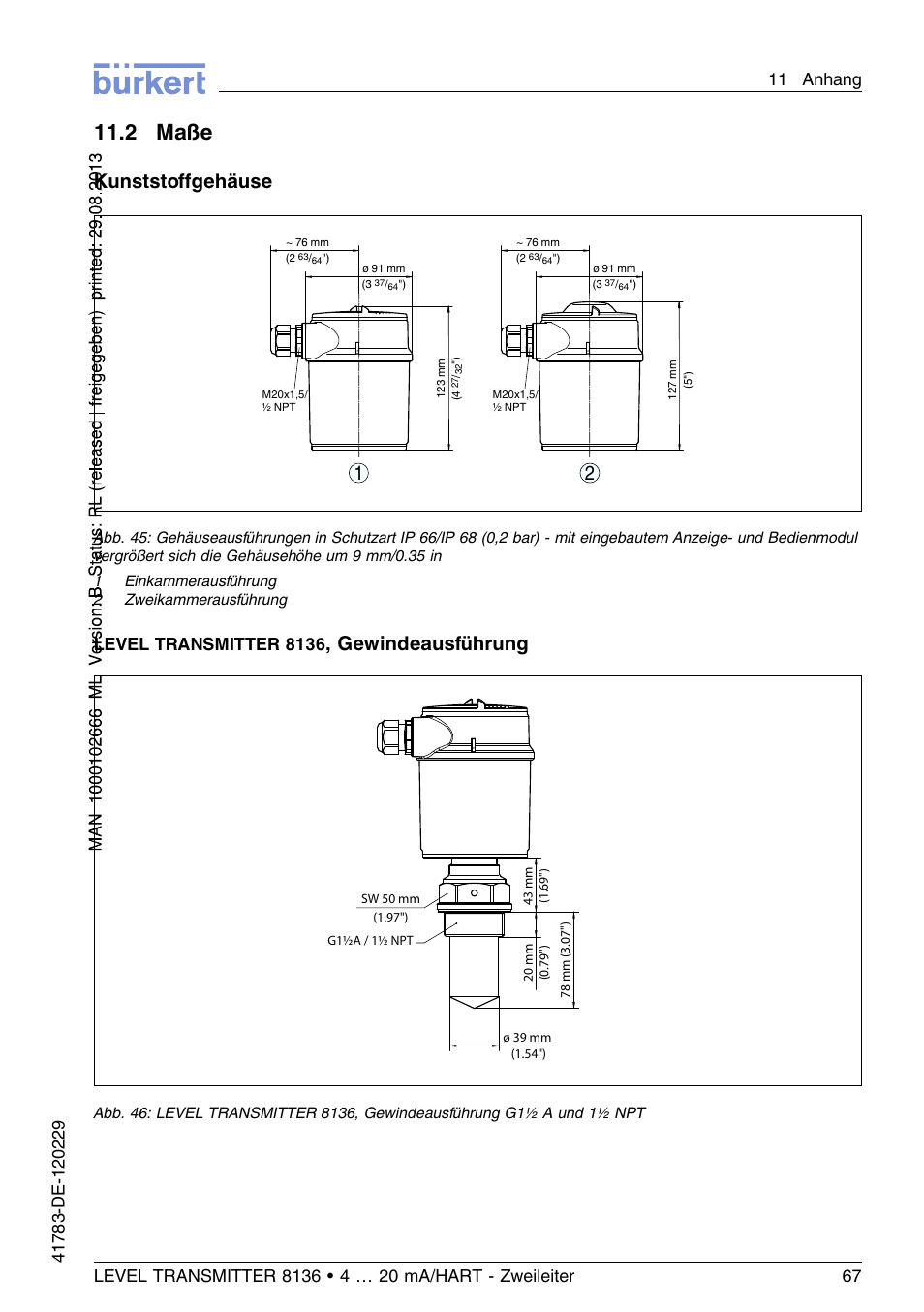2 maße, 11 .2 maße, Kunststoﬀgehäuse | Gewindeausführung, Level transmitter 8136 | Burkert Type 8136 User Manual | Page 143 / 232