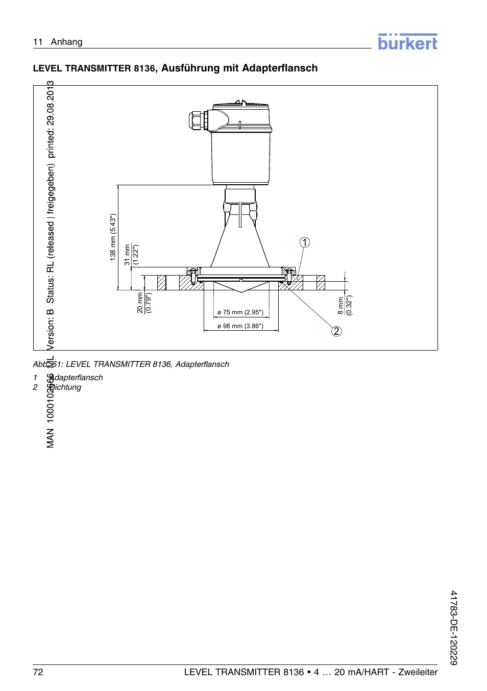 Ausführung mit adapterﬂansch 2 1 | Burkert Type 8136 User Manual | Page 148 / 232