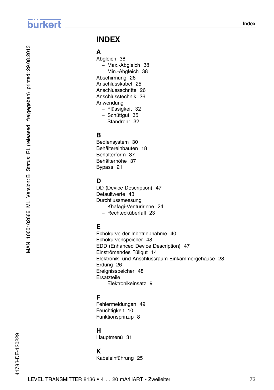 Index | Burkert Type 8136 User Manual | Page 149 / 232