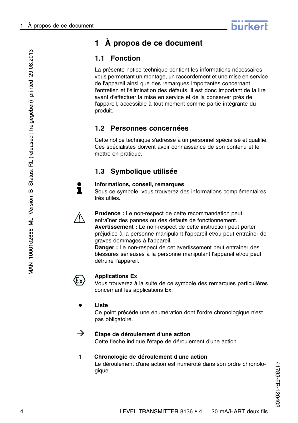 1 à propos de ce document, 1 fonction, 2 personnes concernées | 3 symbolique utilisée, 1à propos de ce document | Burkert Type 8136 User Manual | Page 156 / 232