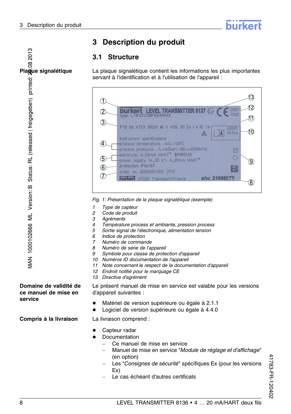 3 description du produit, 1 structure, 3description du produit | Burkert Type 8136 User Manual | Page 160 / 232