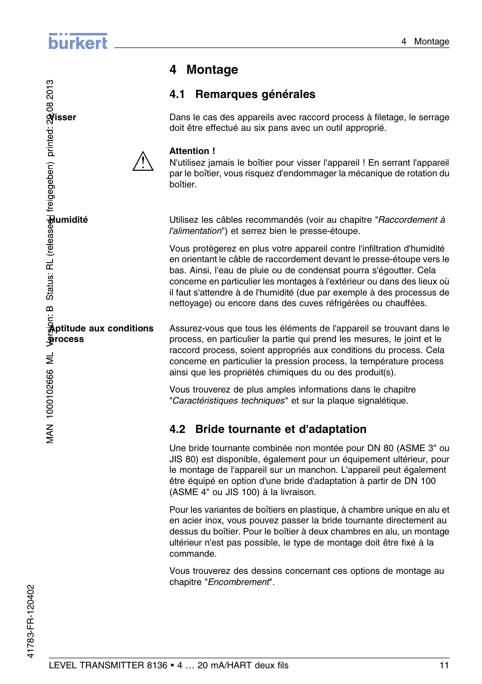 4 montage, 1 remarques générales, 2 bride tournante et d'adaptation | 4montage | Burkert Type 8136 User Manual | Page 163 / 232