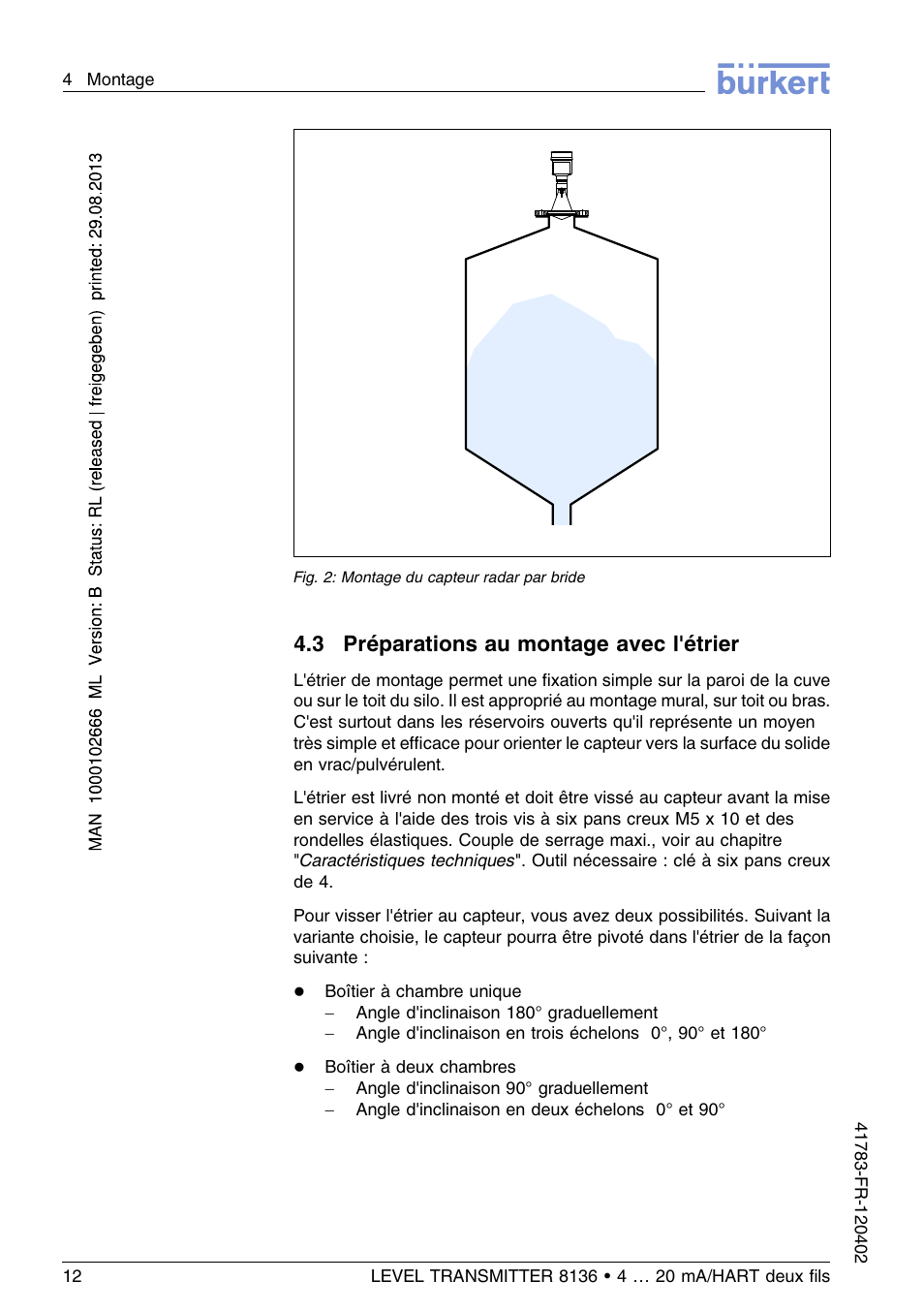 3 préparations au montage avec l'étrier | Burkert Type 8136 User Manual | Page 164 / 232