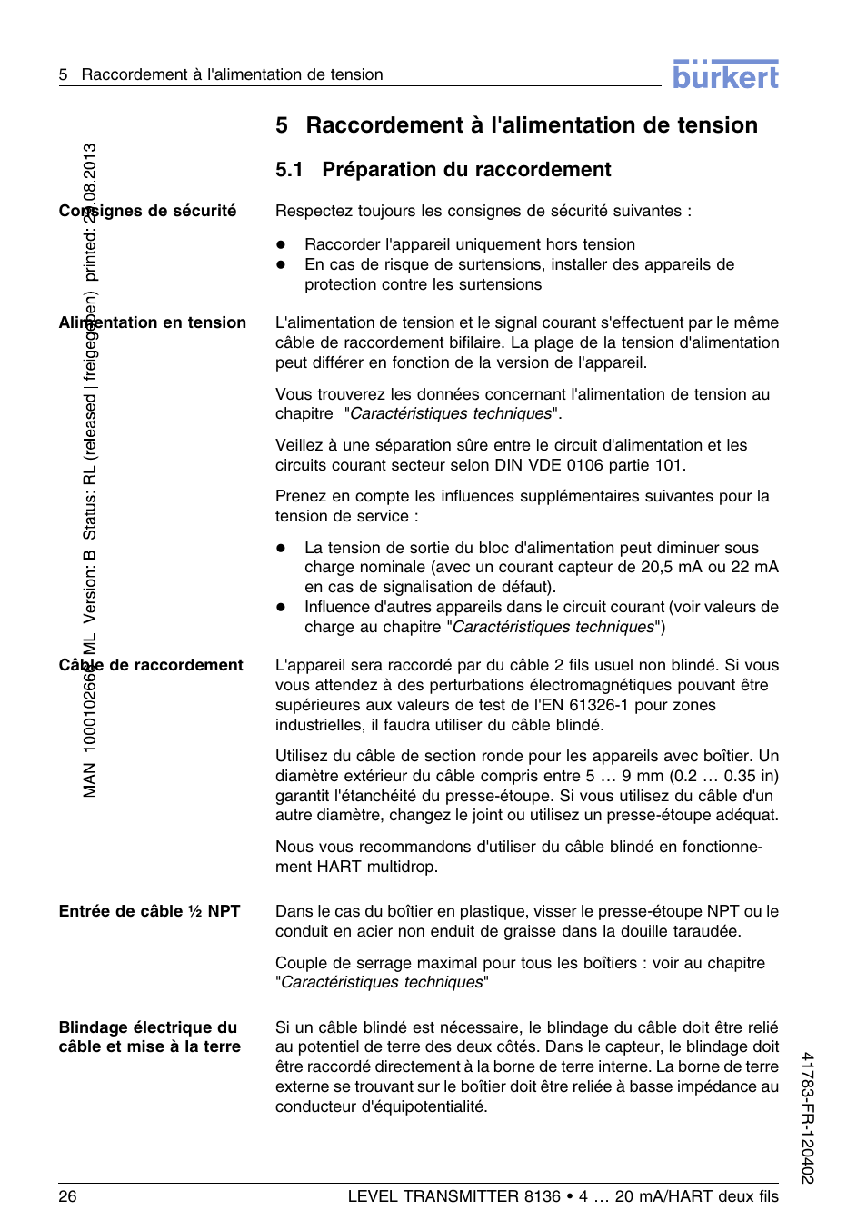 5 raccordement à l'alimentation de tension, 1 préparation du raccordement, 5raccordement à l'alimentation de tension | Burkert Type 8136 User Manual | Page 178 / 232
