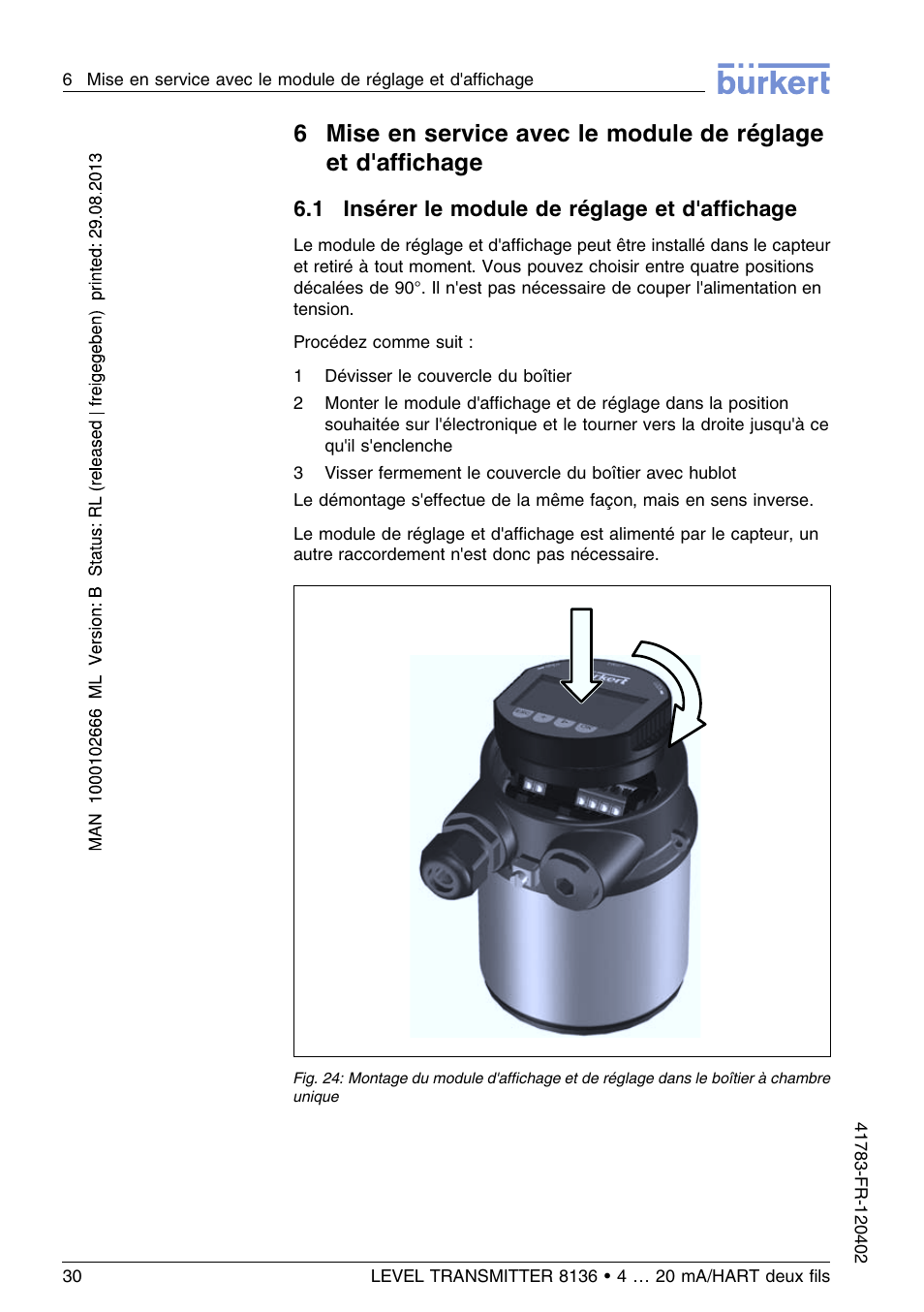 1 insérer le module de réglage et d'affichage | Burkert Type 8136 User Manual | Page 182 / 232