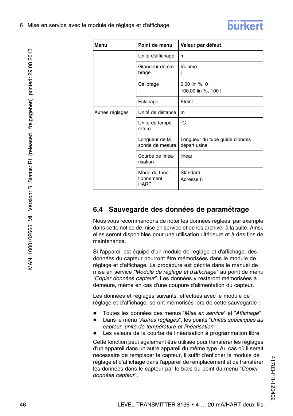4 sauvegarde des données de paramétrage | Burkert Type 8136 User Manual | Page 198 / 232